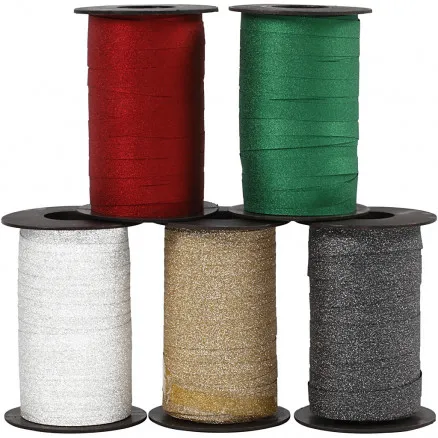 Cinta de regalo, colores surtidos, L: 10 mm, brillo, 100 m/ 5 uds.