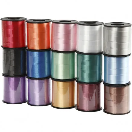 Cinta de regalo, colores surtidos, L: 10 mm, brillante, 50 m/15 uds.